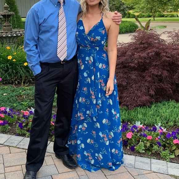 ROYAL BLUE FLORAL PRINT SURPLICE MAXI DRESS. SizeS - Picture 3 of 4